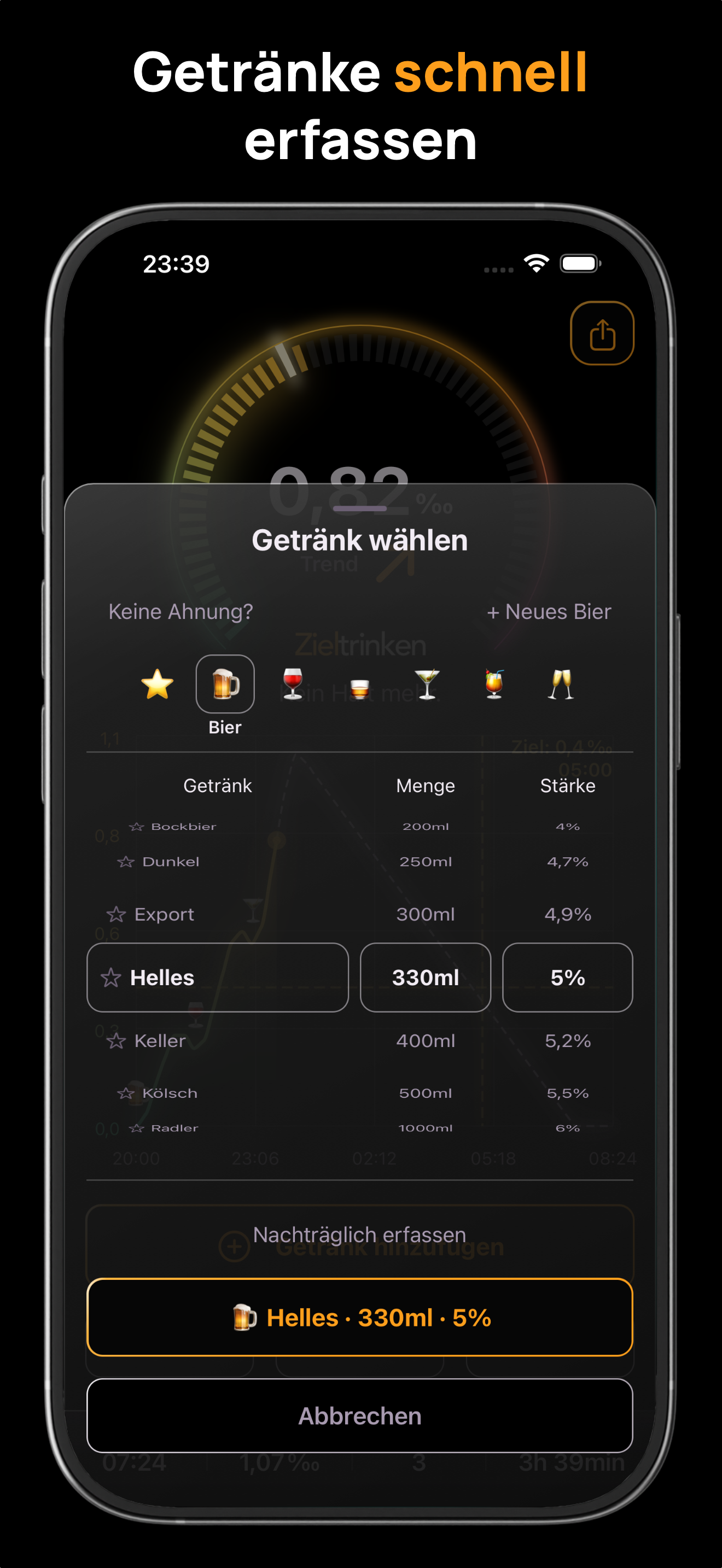 Getränkeauswahl mit Kategorien, Mengen und Alkoholstärken